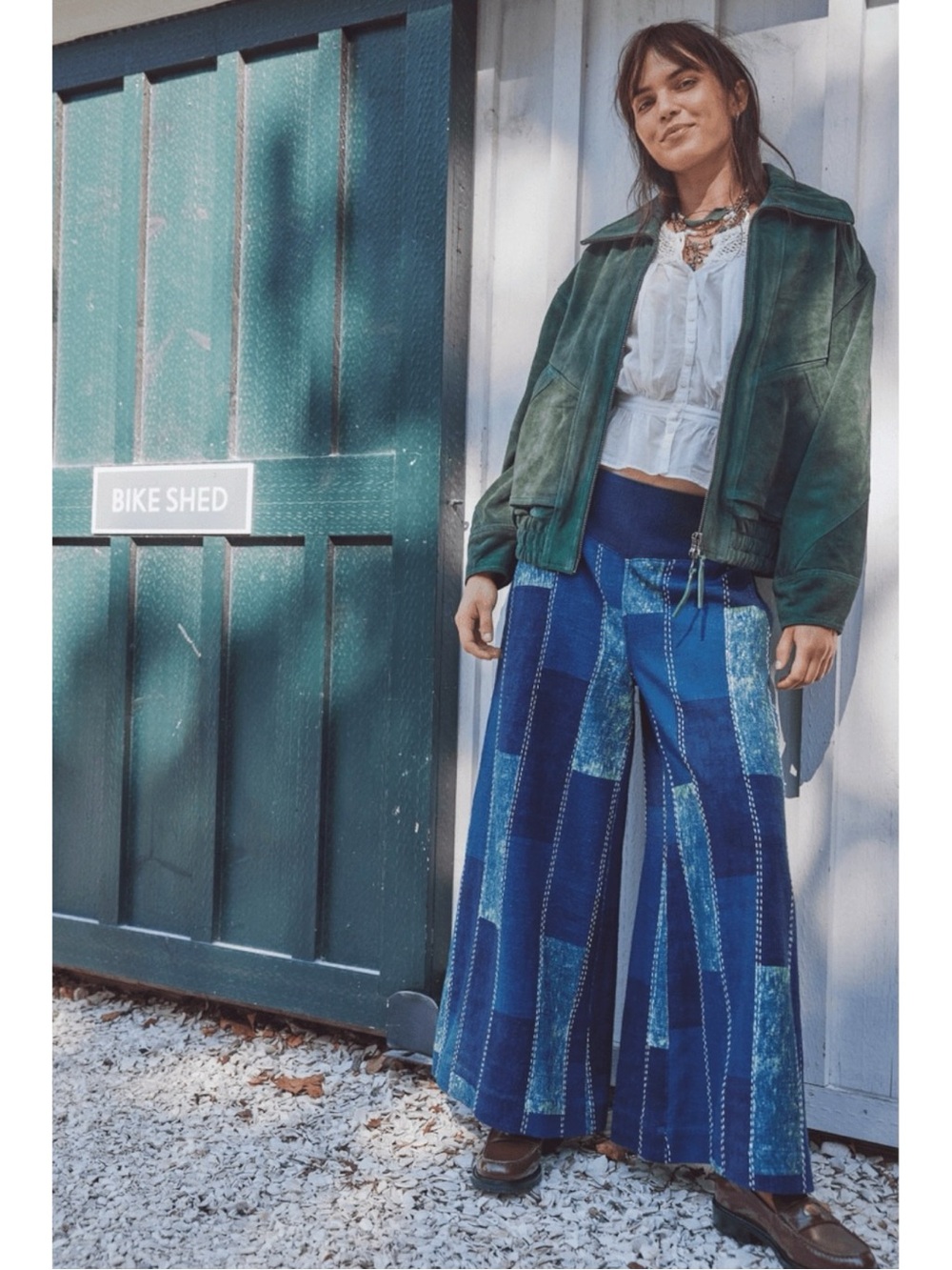Free People Bohemian 70s Patches Wide Leg Flare Jeans Indigo Patchwork Large